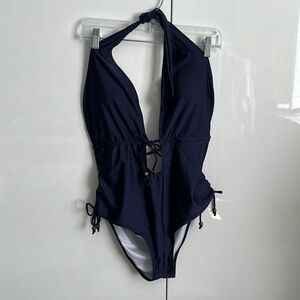 CUPSHE Navy Blue Halter One Piece Swimsuit, Size L